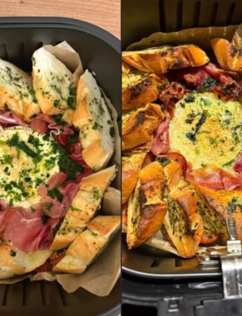 Szybka bagietka czosnkowa z camembertem, szynką parmeńską i pomidorkami koktajlowymi w airfryerze
